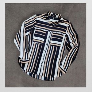 Black, Tan, and White Striped Button-Down Blouse, Women's XL
